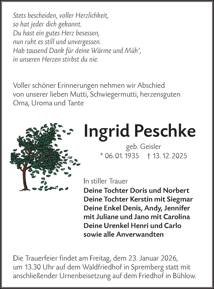  Traueranzeige für Ingrid Peschke vom 03.01.2026 aus Lausitzer Rundschau