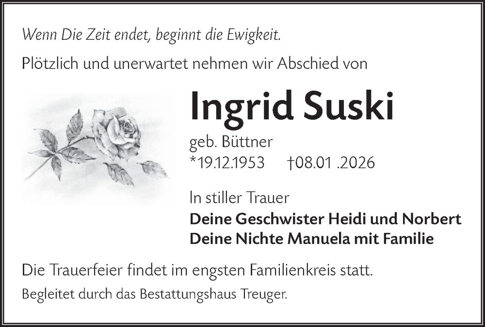  Traueranzeige für Ingrid Suski vom 16.01.2026 aus Lausitzer Rundschau