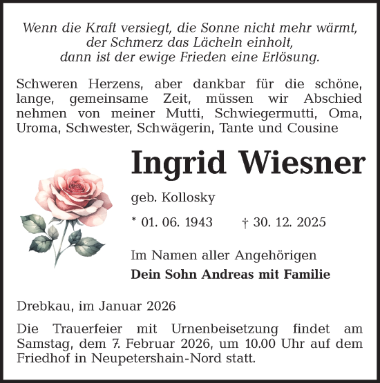 Traueranzeige von Ingrid Wiesner von Lausitzer Rundschau