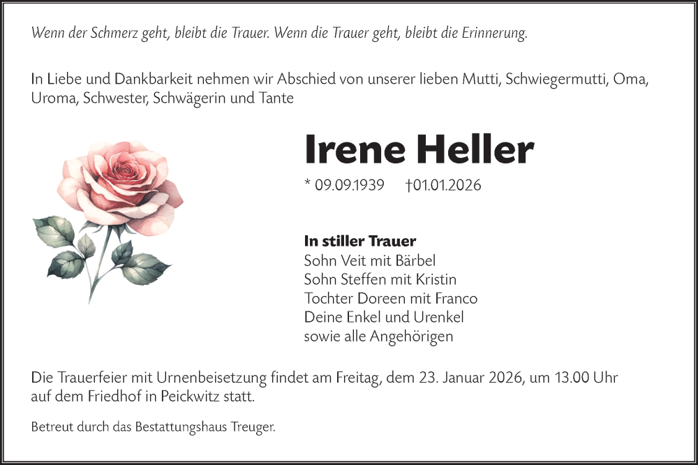  Traueranzeige für Irene Heller vom 17.01.2026 aus Lausitzer Rundschau