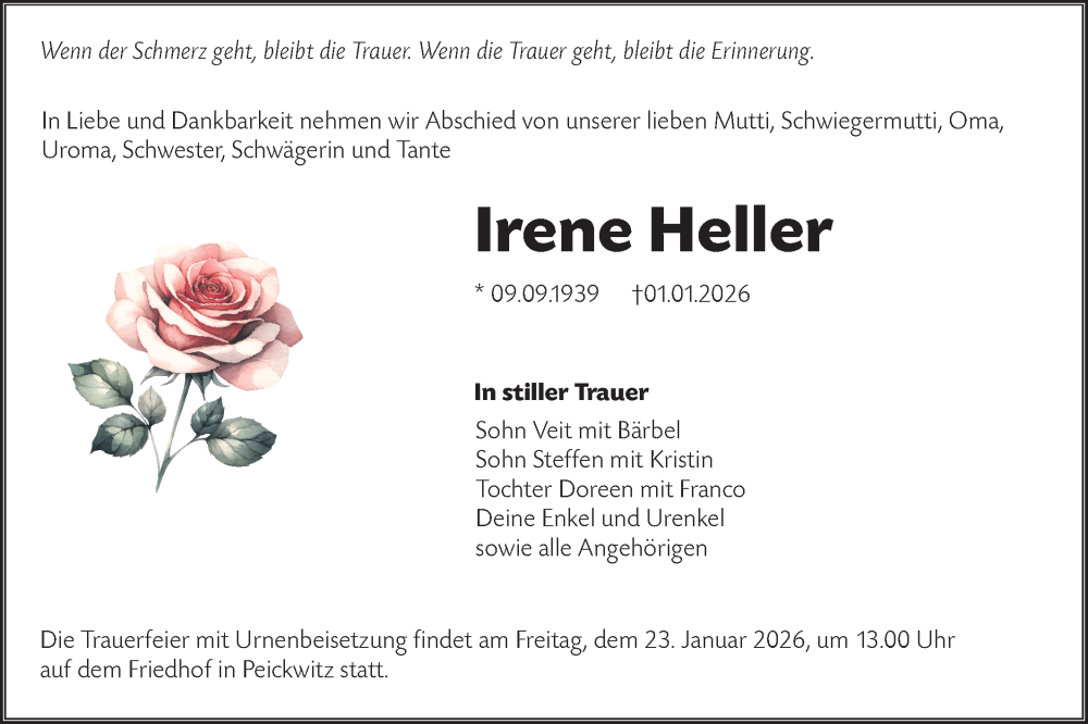  Traueranzeige für Irene Heller vom 10.01.2026 aus Lausitzer Rundschau