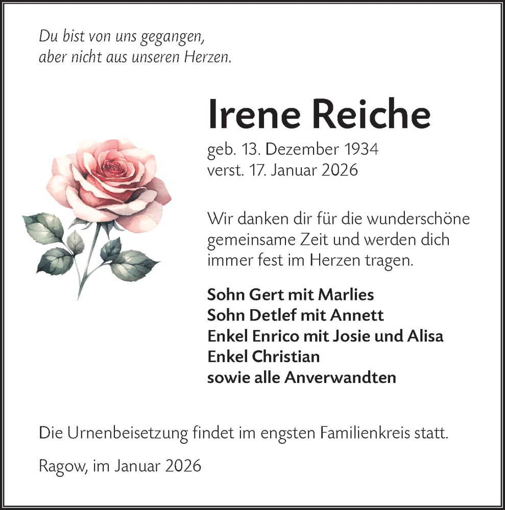  Traueranzeige für Irene Reiche vom 31.01.2026 aus Ausg. LR Spreewald RS