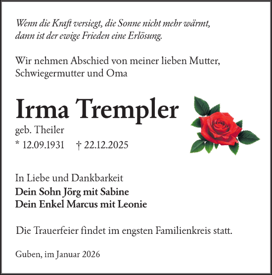 Traueranzeige von Irma Trempler von Lausitzer Rundschau