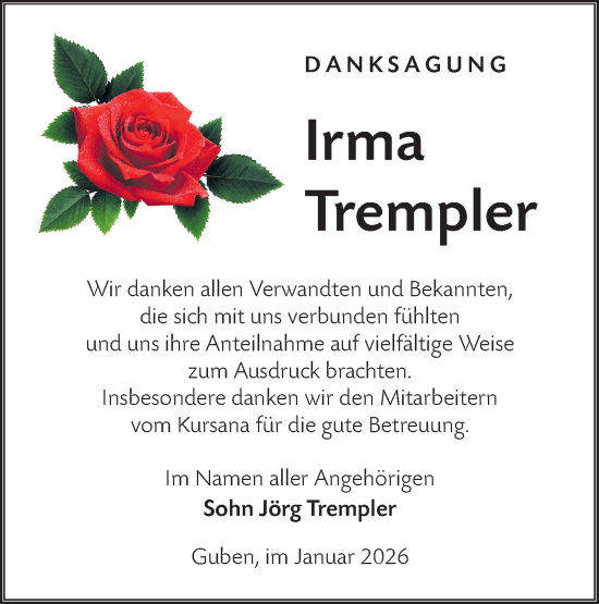 Traueranzeige von Irma Trempler von Lausitzer Rundschau