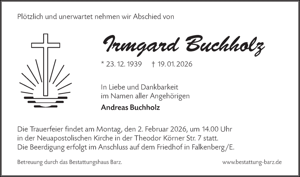  Traueranzeige für Irmgard Buchholz vom 31.01.2026 aus Lausitzer Rundschau