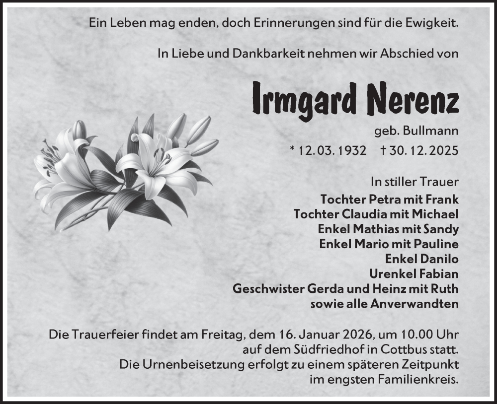  Traueranzeige für Irmgard Nerenz vom 14.01.2026 aus Lausitzer Rundschau
