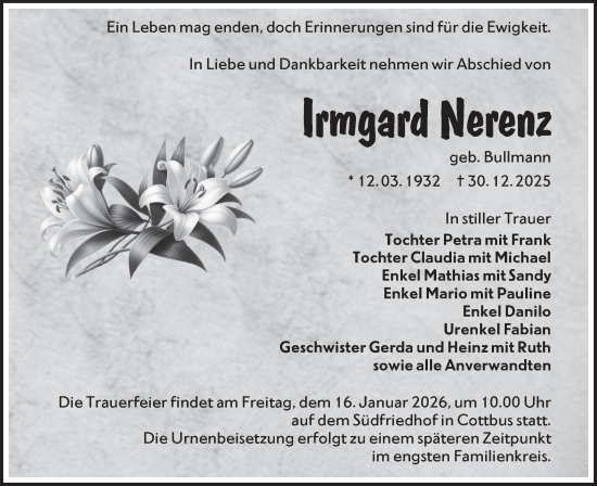 Traueranzeige von Irmgard Nerenz von Lausitzer Rundschau