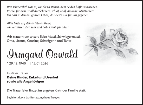 Traueranzeige von Irmgard Oswald von Lausitzer Rundschau