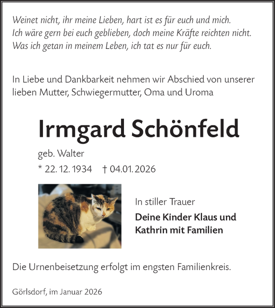 Traueranzeige von Irmgard Schönfeld von Ausg. LR Spreewald RS