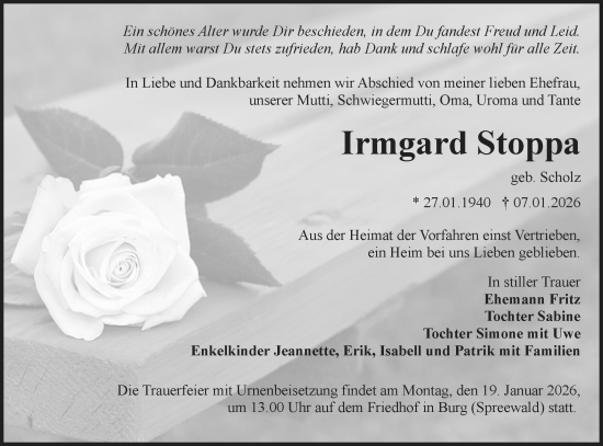 Traueranzeige von Irmgard Stoppa von Lausitzer Rundschau
