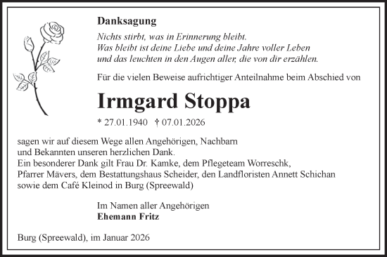 Traueranzeige von Irmgard Stoppa von Lausitzer Rundschau