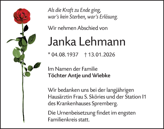 Traueranzeige von Janka Lehmann von Lausitzer Rundschau