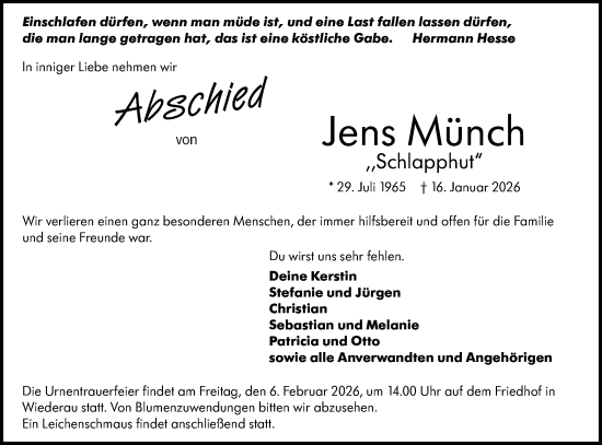 Traueranzeige von Jens Münch von Lausitzer Rundschau