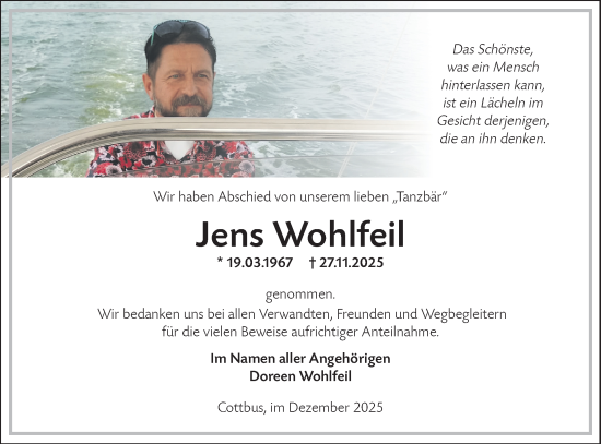 Traueranzeige von Jens Wohlfeil von Lausitzer Rundschau