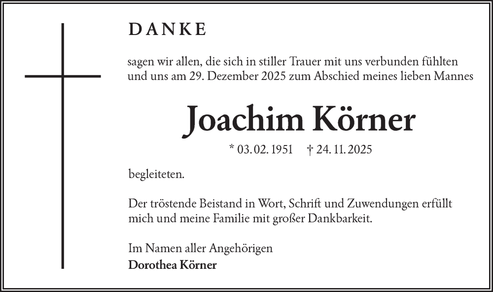  Traueranzeige für Joachim Körner vom 17.01.2026 aus Lausitzer Rundschau