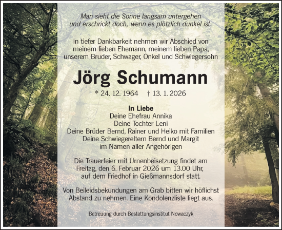 Traueranzeige von Jörg Schumann von Ausg. LR Spreewald RS
