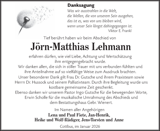 Traueranzeige von Jörn-Matthias Lehmann von Lausitzer Rundschau