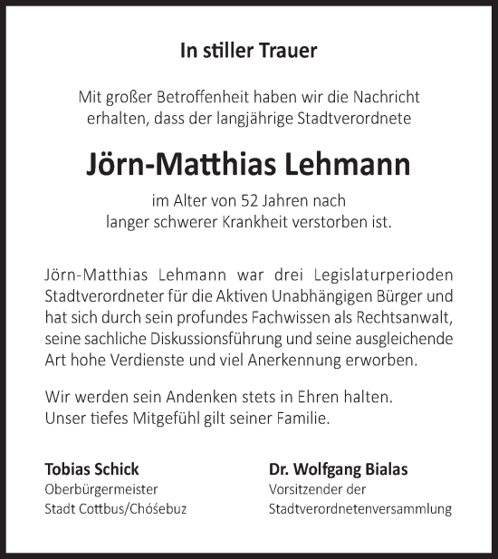 Traueranzeige von Jörn-Matthias Lehmann von Lausitzer Rundschau