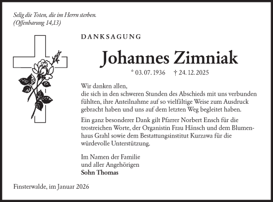 Traueranzeige von Johannes Zimniak von Lausitzer Rundschau