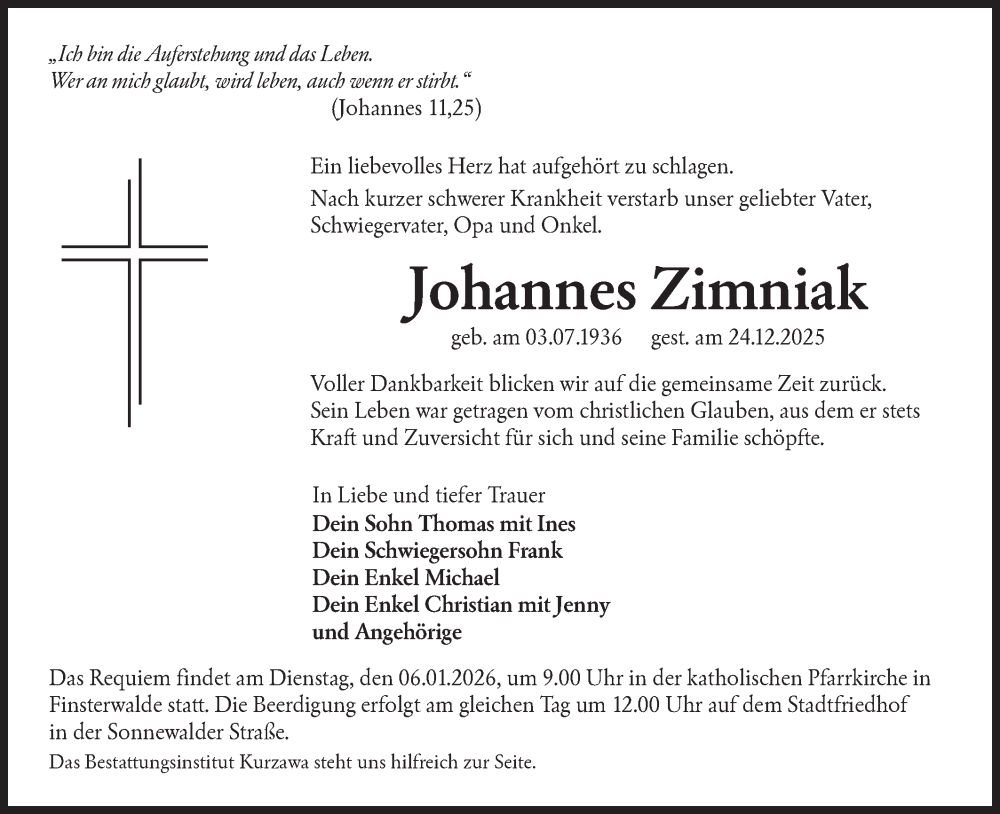  Traueranzeige für Johannes Zimniak vom 03.01.2026 aus Lausitzer Rundschau