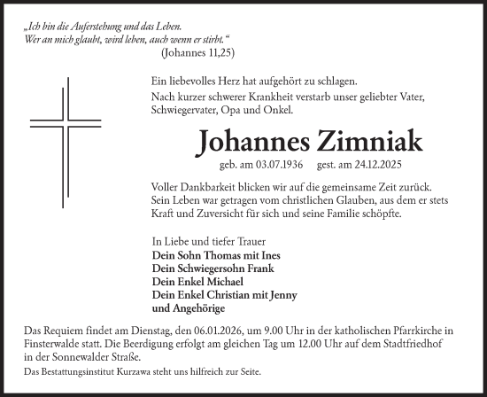 Traueranzeige von Johannes Zimniak von Lausitzer Rundschau