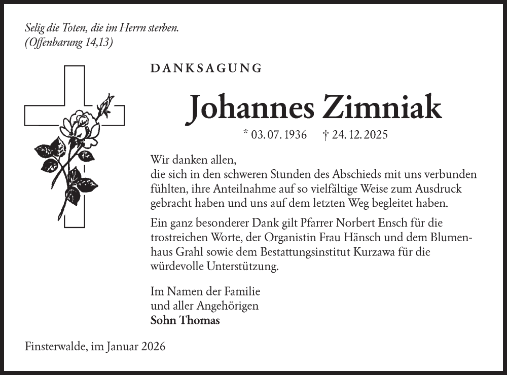  Traueranzeige für Johannes Zimniak vom 24.01.2026 aus Lausitzer Rundschau