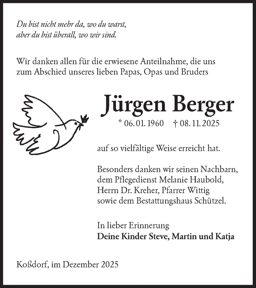  Traueranzeige für Jürgen Berger vom 03.01.2026 aus Lausitzer Rundschau