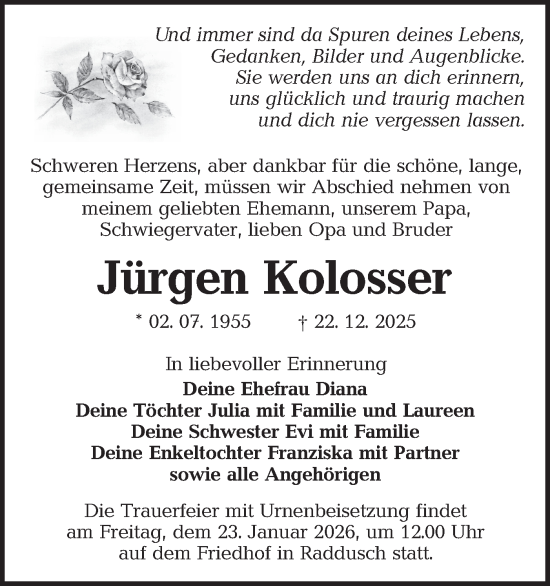 Traueranzeige von Jürgen Kolosser von Ausg. LR Spreewald RS