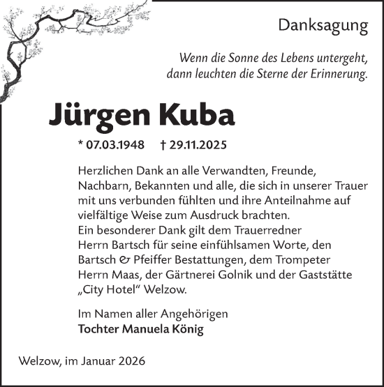 Traueranzeige von Jürgen Kuba von Lausitzer Rundschau