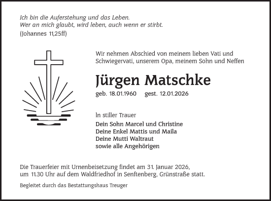 Traueranzeige von Jürgen Matschke von Lausitzer Rundschau