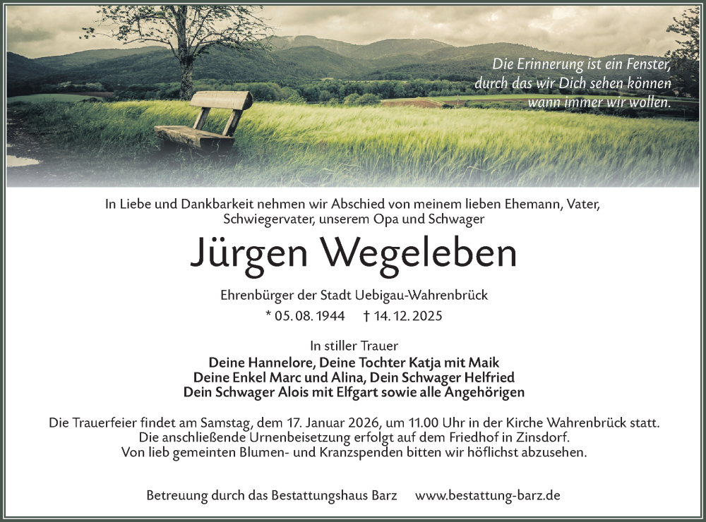  Traueranzeige für Jürgen Wegeleben vom 03.01.2026 aus Lausitzer Rundschau