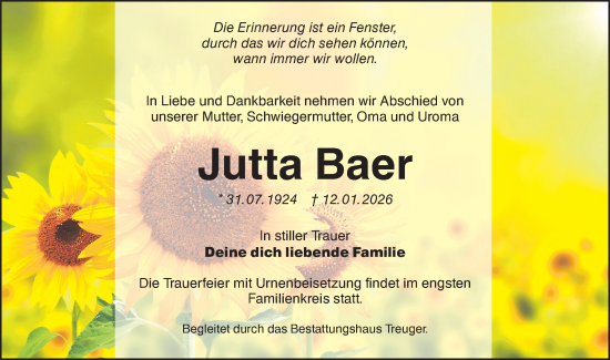 Traueranzeige von Jutta Baer von Lausitzer Rundschau