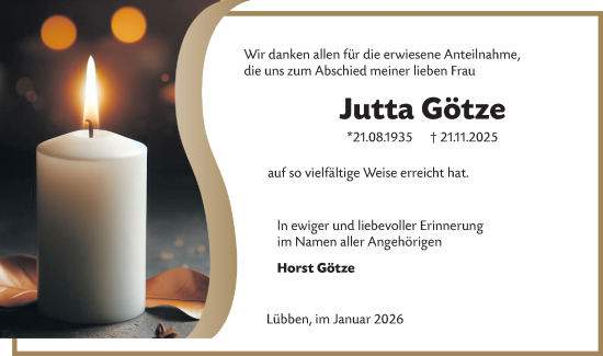 Traueranzeige von Jutta Götze von Ausg. LR Spreewald RS