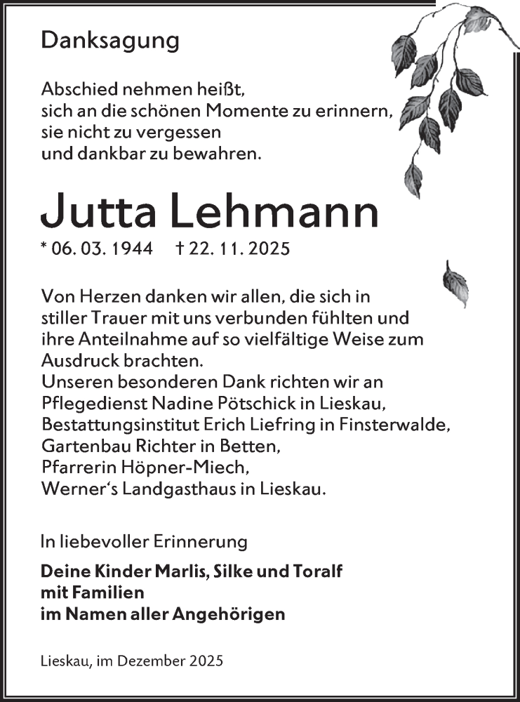  Traueranzeige für Jutta Lehmann vom 10.01.2026 aus Lausitzer Rundschau