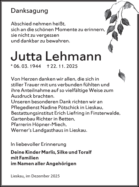 Traueranzeige von Jutta Lehmann von Lausitzer Rundschau