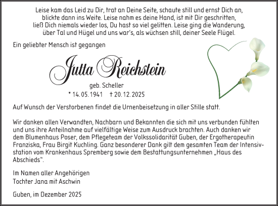 Traueranzeige von Jutta Reichstein von Lausitzer Rundschau