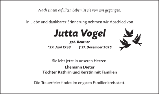 Traueranzeige von Jutta Vogel von Lausitzer Rundschau