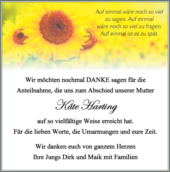 Traueranzeige von Käte Harting von Ausg. LR Spreewald RS