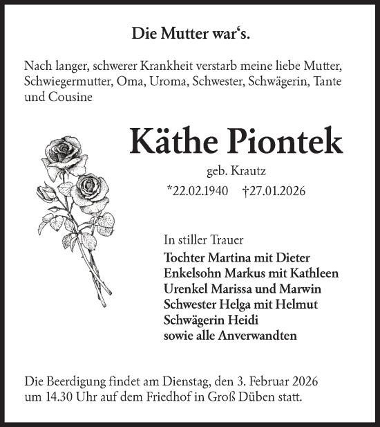Traueranzeige von Käthe Piontek von Lausitzer Rundschau