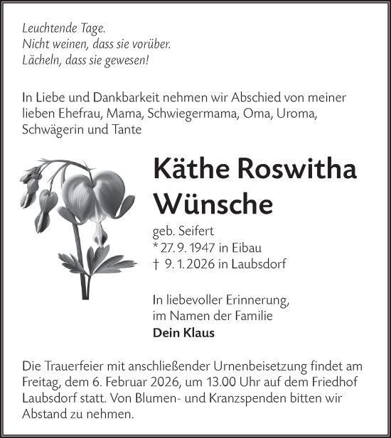 Traueranzeige von Käthe Roswitha Wünsche von Lausitzer Rundschau