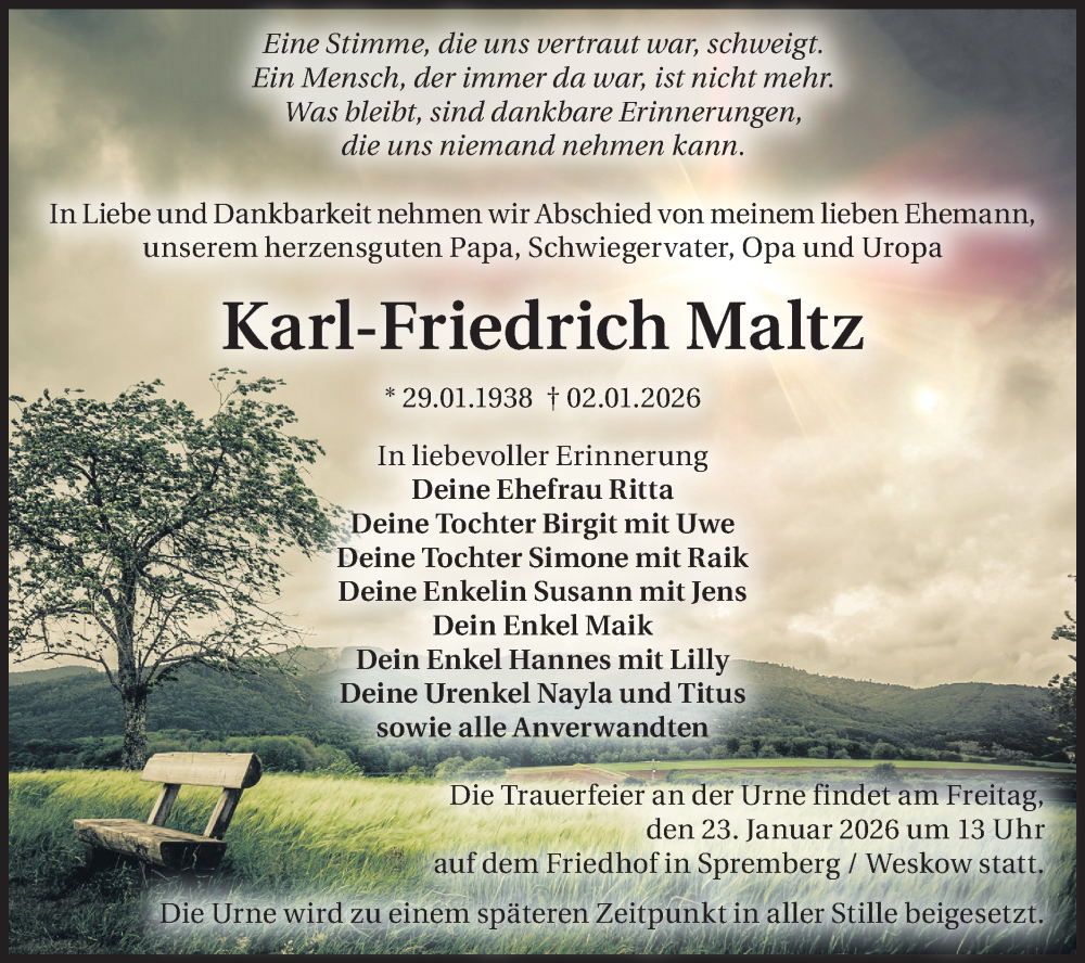  Traueranzeige für Karl-Friedrich Maltz vom 17.01.2026 aus Lausitzer Rundschau