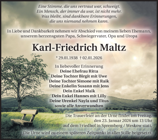 Traueranzeige von Karl-Friedrich Maltz von Lausitzer Rundschau