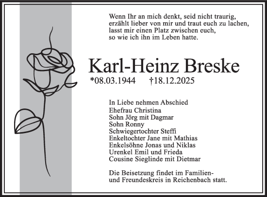 Traueranzeige von Karl-Heinz Breske von Lausitzer Rundschau