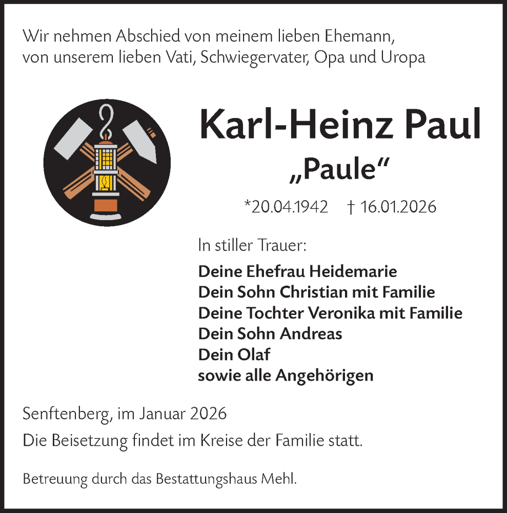  Traueranzeige für Karl-Heinz Paul vom 31.01.2026 aus Lausitzer Rundschau