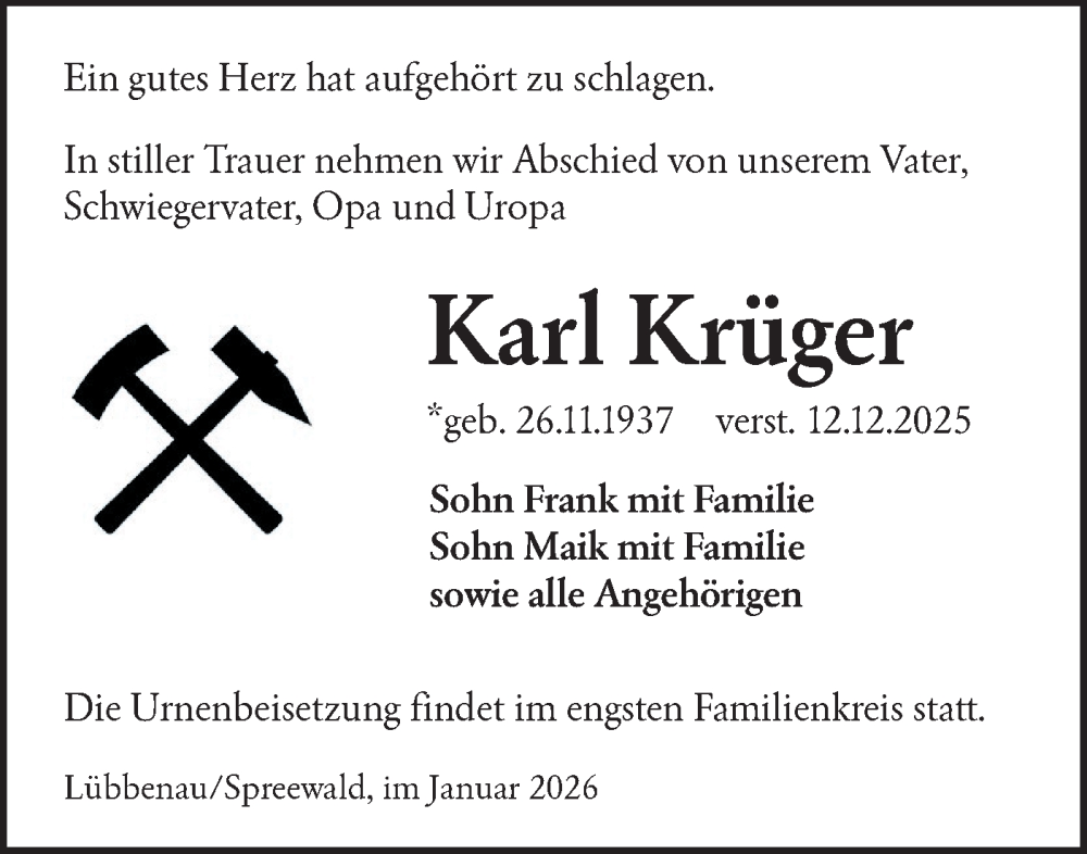  Traueranzeige für Karl Krüger vom 03.01.2026 aus Ausg. LR Spreewald RS