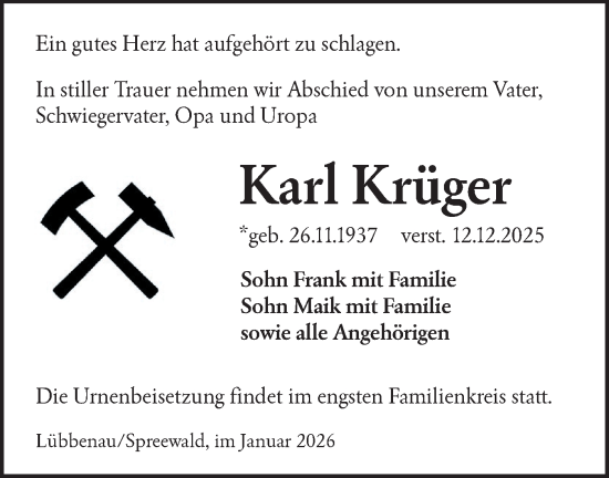 Traueranzeige von Karl Krüger von Ausg. LR Spreewald RS