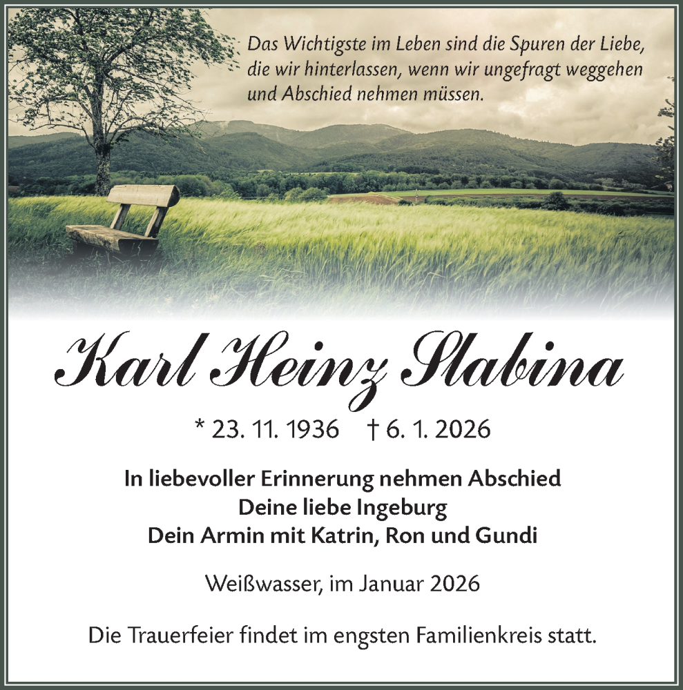  Traueranzeige für Karl Heinz Slabina vom 10.01.2026 aus Lausitzer Rundschau
