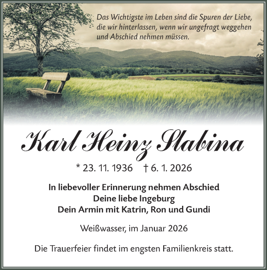 Traueranzeige von Karl Heinz Slabina von Lausitzer Rundschau