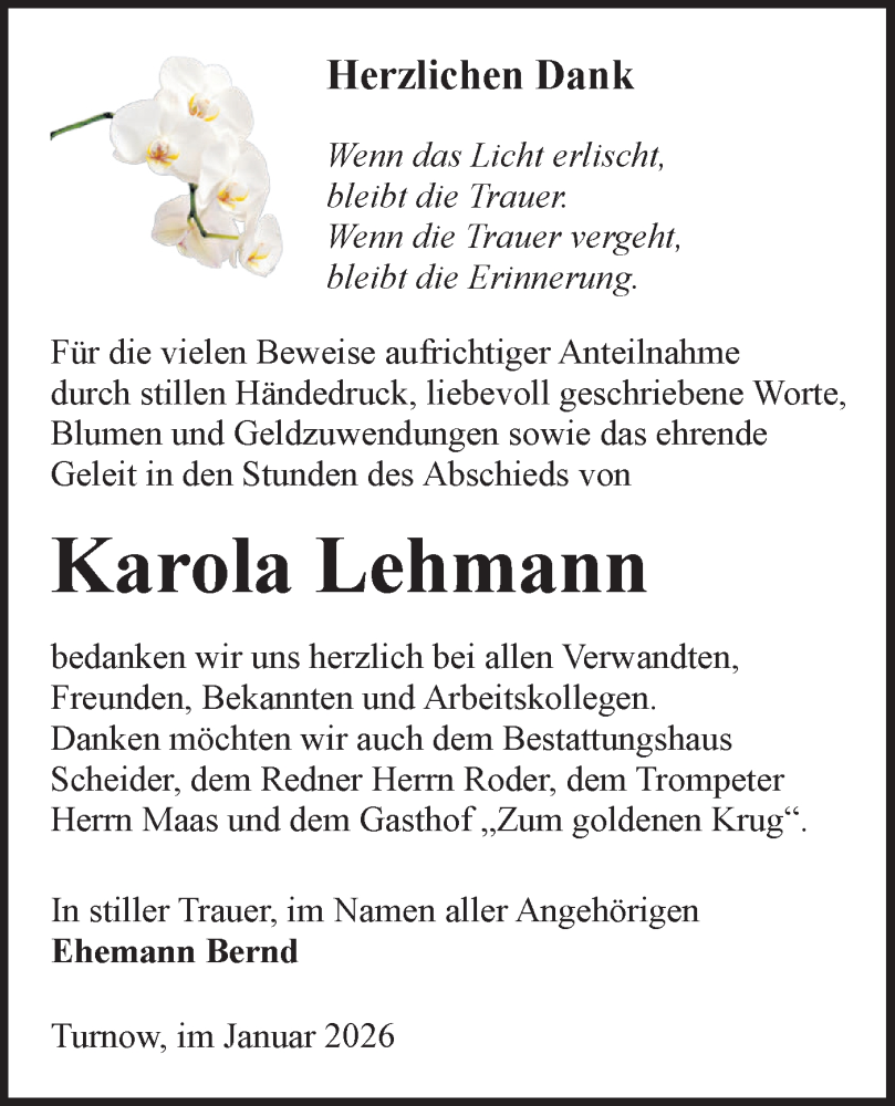  Traueranzeige für Karola Lehmann vom 17.01.2026 aus Lausitzer Rundschau
