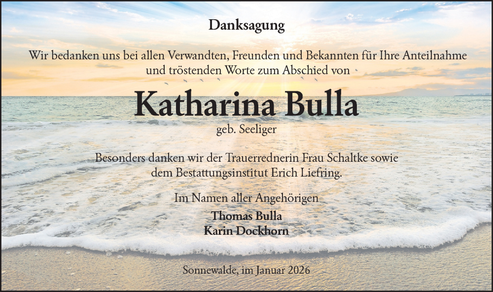  Traueranzeige für Katharina Bulla vom 10.01.2026 aus Lausitzer Rundschau